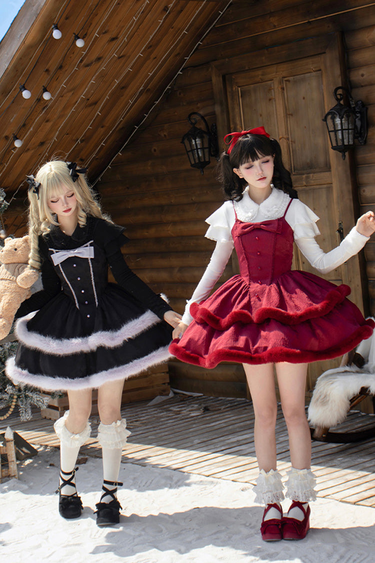 [Winter's Wish] Double-Layered Jacquard Bowknot Furry Sweet Lolita Jsk Dress 2 Colors