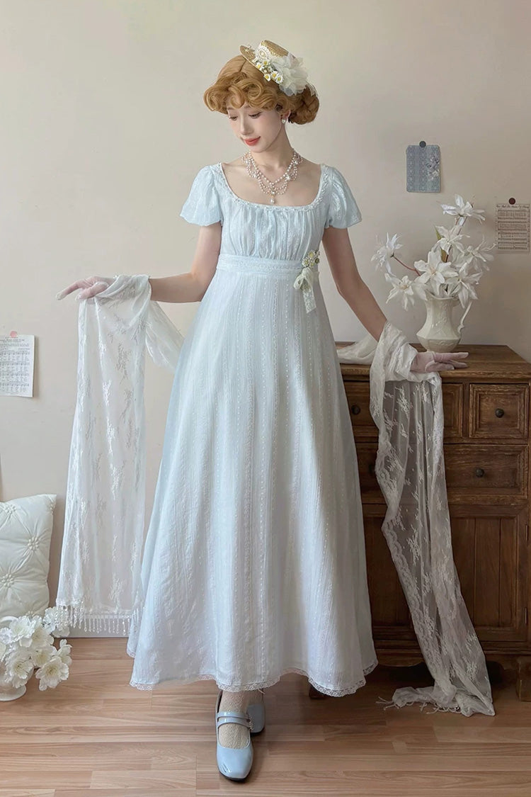 Blue Square Collar Short Sleeves Jacquard Ruffled Lace Sweet Elegant Lolita Dress