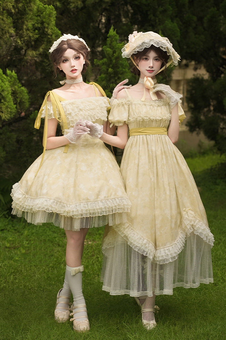 Yellow [Falling Flowers as a Message] Square Collar Flying Sleeves Print Ruffle Lace Sweet Elegant Lolita Short Dress