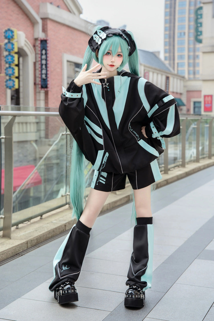 ブラック/ブルー【サイバーファントム】初音ミク長袖プリント自来系クールコート