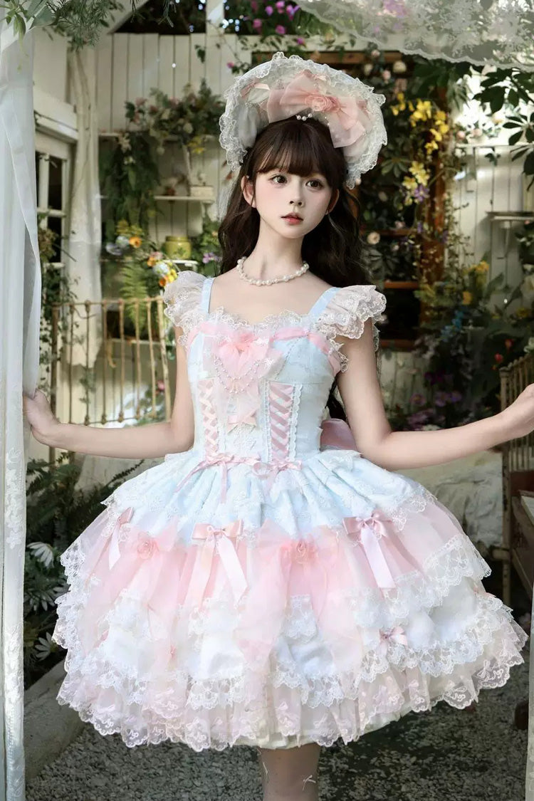 Blau/Pink [Pink Shadow Veil] Süßes Lolita JSK-Kleid mit quadratischem Kragen, Flatterärmeln, mehrlagiger Schleife und Spitze