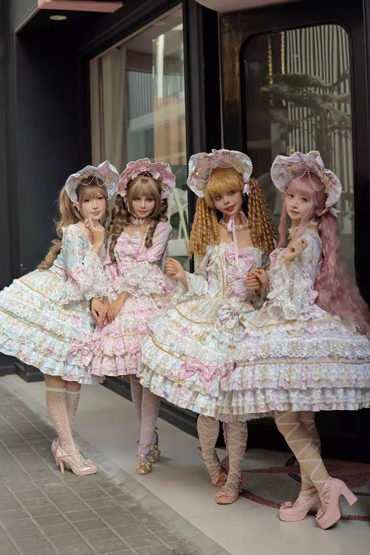 Pink [Candlelight Elegance] Long Trumpet Sleeves Multi-Layered Ruffle Bowknot Lace Sweet Elegant Lolita Dress