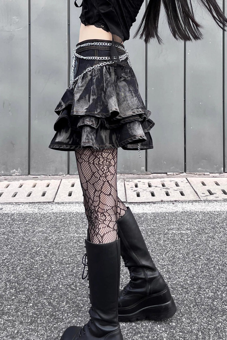 Black High Waisted Print Chain Rock Gothic Skirt