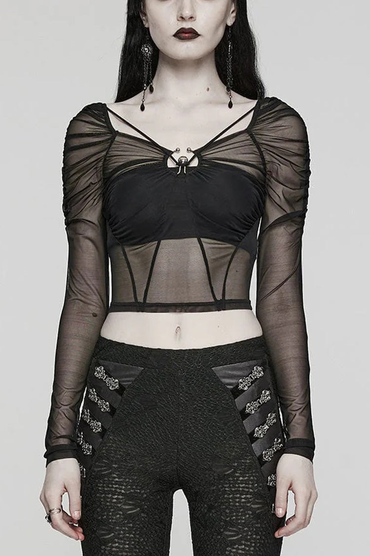 Schwarzes, lange Ärmel, transparentes Gothic-T-Shirt für Damen mit eckigem Kragen und Schnürung