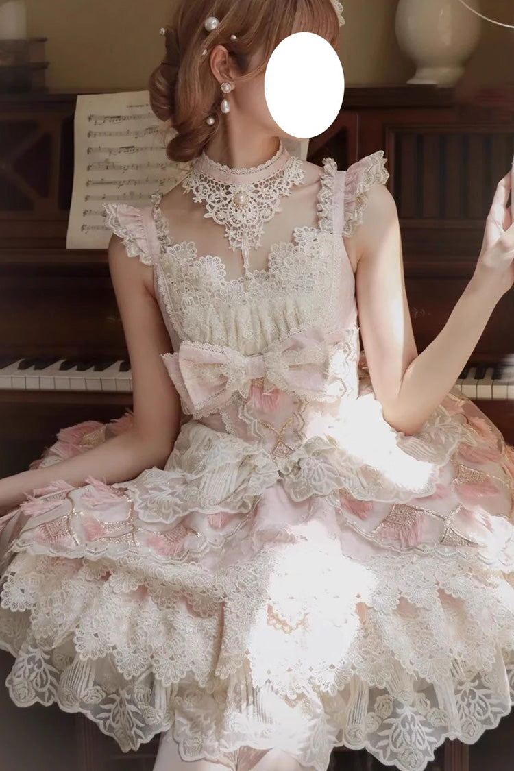 Pink [Peacock Feather] Multi-Layered Ruffle Hanayome Cardigan Bowknot Lace Sweet Lolita Jsk Dress Set