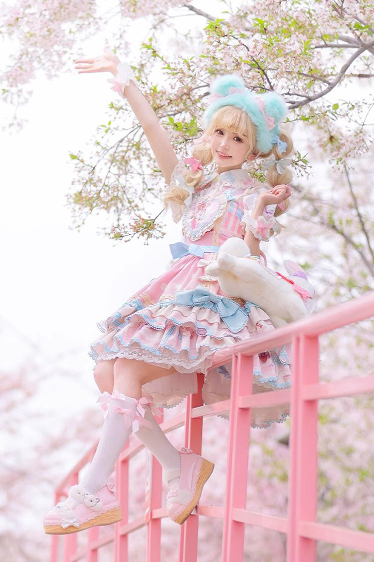 Pink Multi-layer Frosted Sugar Sweetheart Print Bowknot Sweet Lolita Jsk Dress