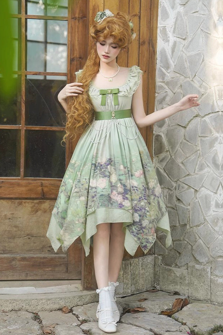 Green [Blooming Roses] Print Oil Painting Chiffon Ruffle Bowknot Irregular Sweet Lolita Jsk Dress