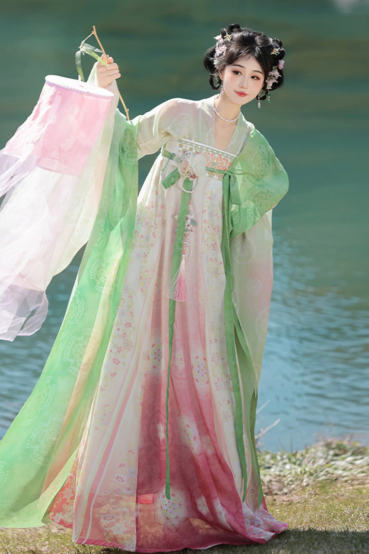 [Pfirsichblüten] Langärmliges, hoch tailliertes, ombre bedrucktes, lässiges, süßes, klassisches Hanfu-Set für Damen
