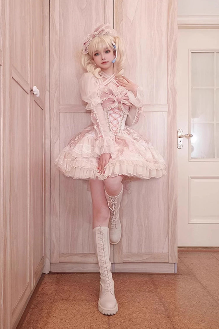 Pink [Lilibet] Print Ruffle Cardigan Bowknot Lace Fishbone Sweet Lolita Dress