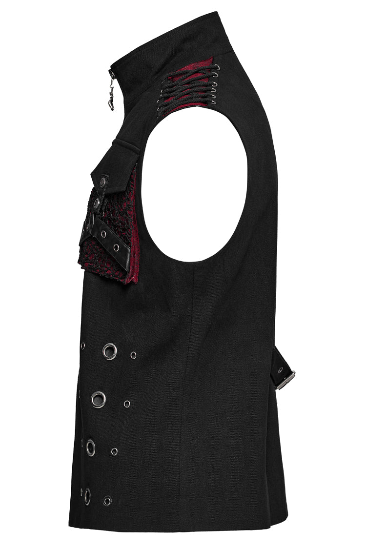 Black/Red Stand Collar Stitching Slim Men's Punk Vest