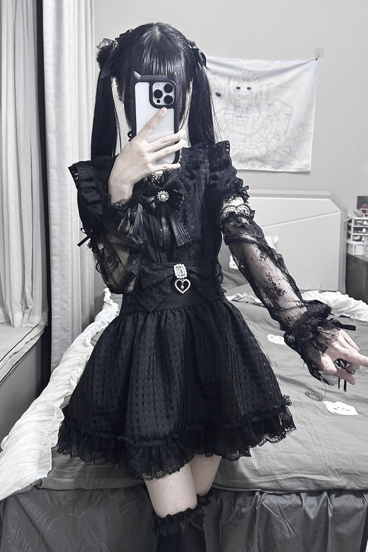 Black Ruffle Hollow Bowknot Lace Jirai Kei Japanese Skirt