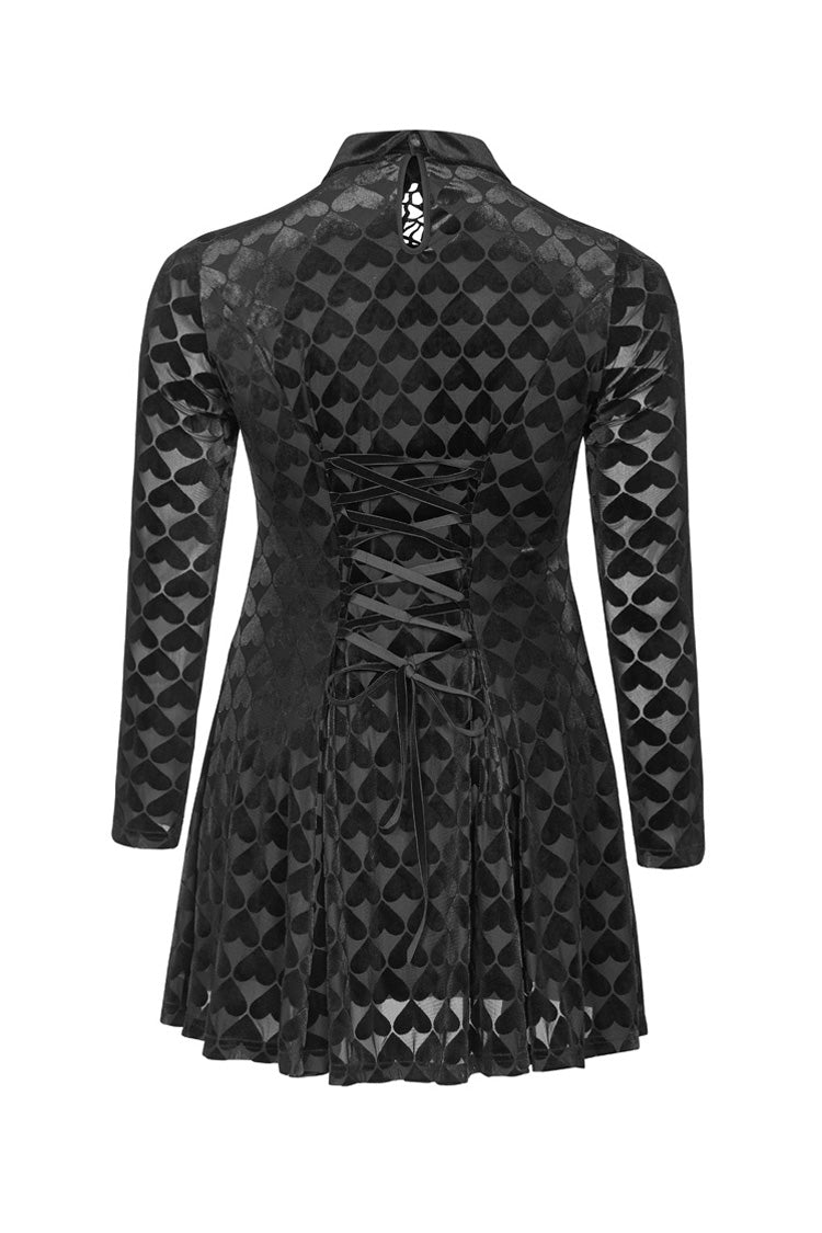 Black Front Chest Hollow-Out Decals Long Sleeve Back Waist Lace-Up Plus Size Mercerized Velvet Print Women's Gothic Dress