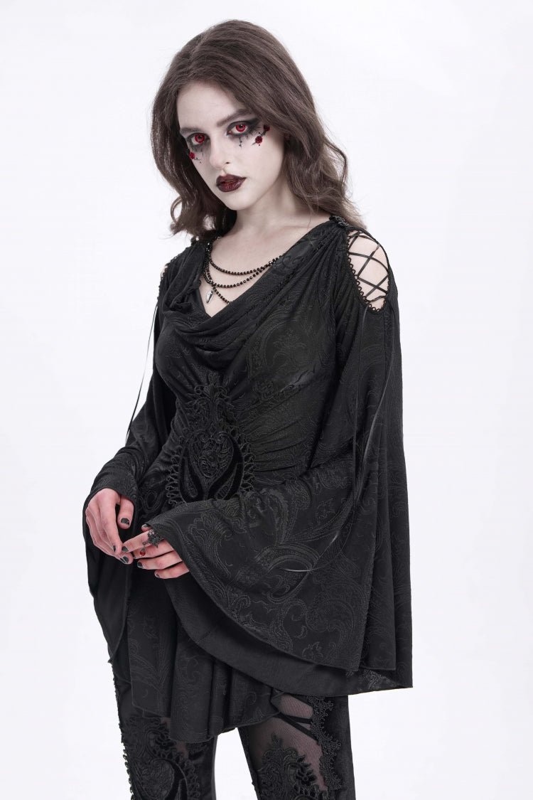 Black Long Trumpet Sleeves Print Embroidery Women's Gothic Blouse