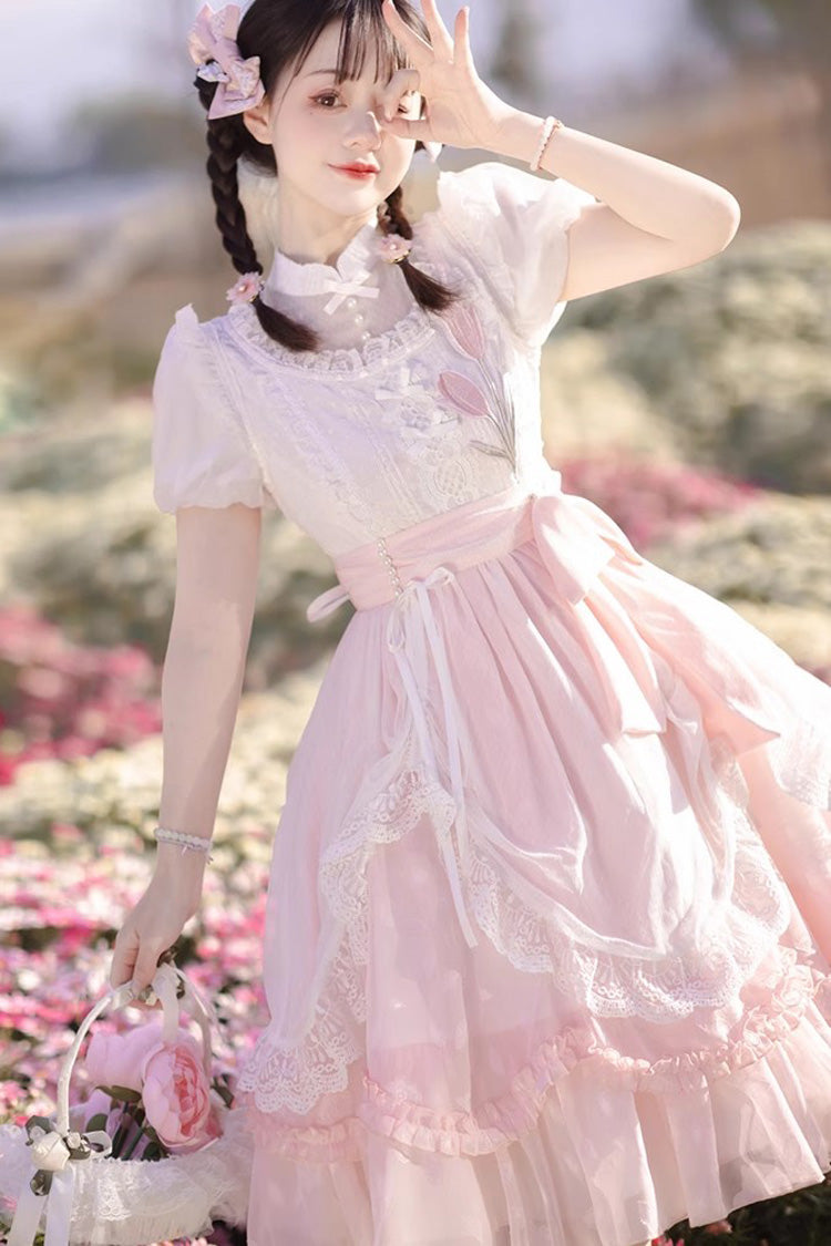 Pink Chinese Style Short Sleeves Princess Ruffle Sweet Lolita Dress