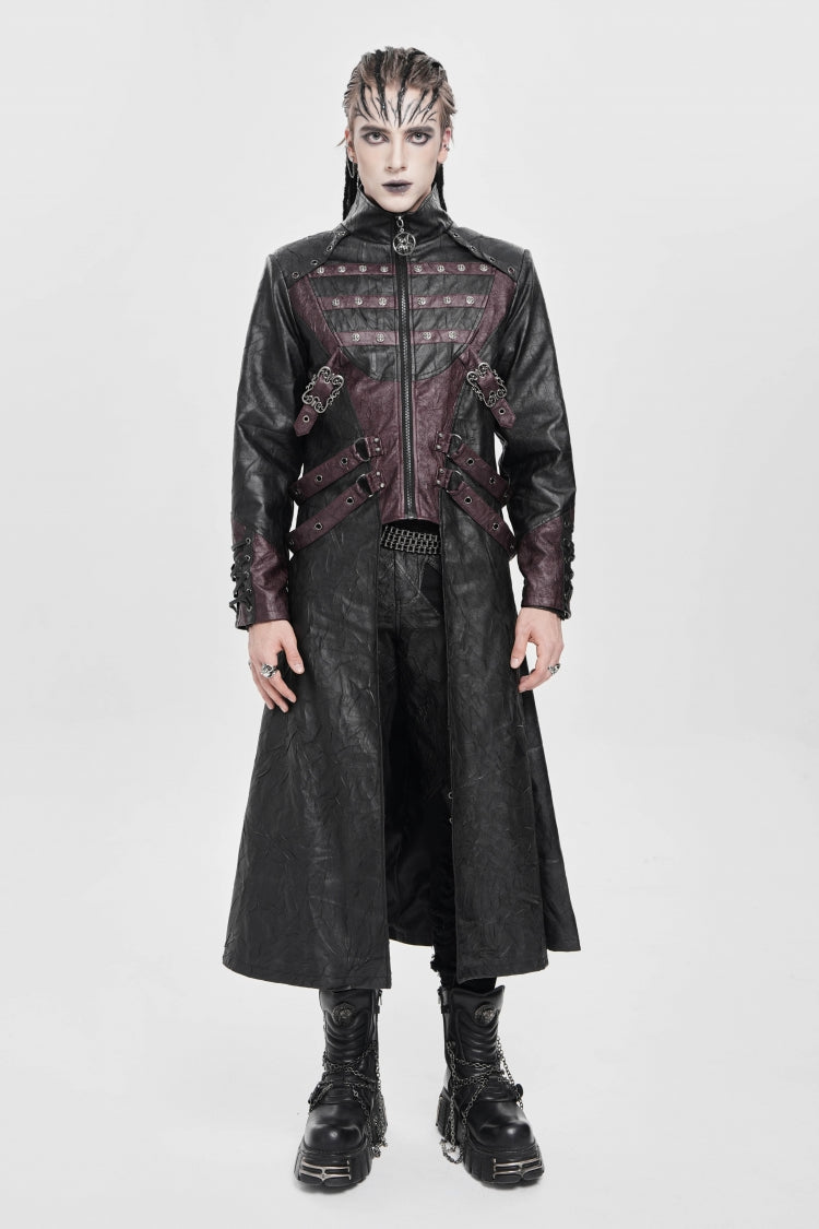 Black/Red Stand Collar Zipper Straps Eyelet Men's Punk Coat