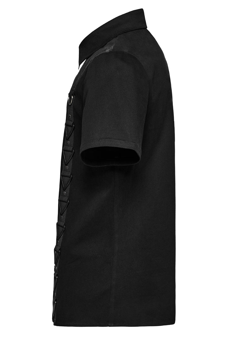 Black Lapel Collar Short Sleeves Stitching Men's Punk Blouse