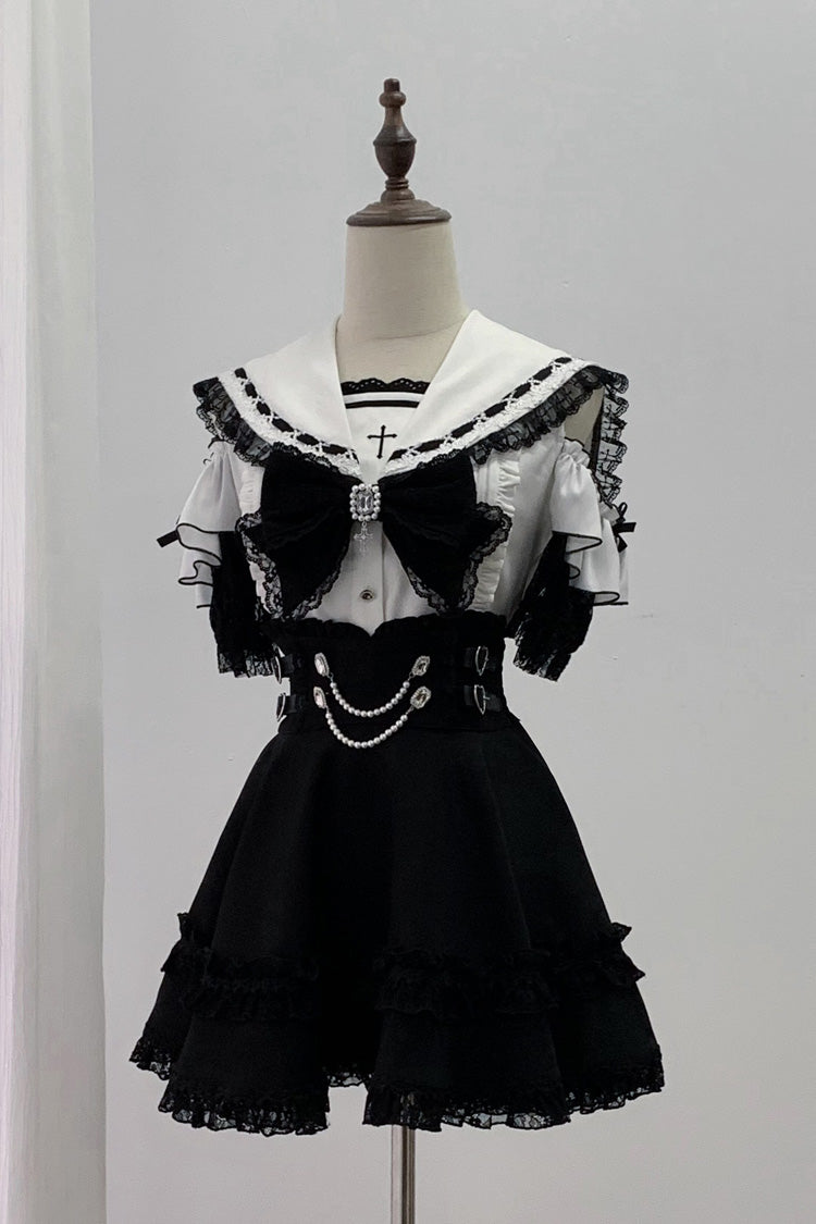 Black/White [Apprentice Witch] Off Shoulder Navy Collar Short Sleeves Ruffled Bow Lace Pearl Detail Classic Jirai Kei Japanese Skirt Set