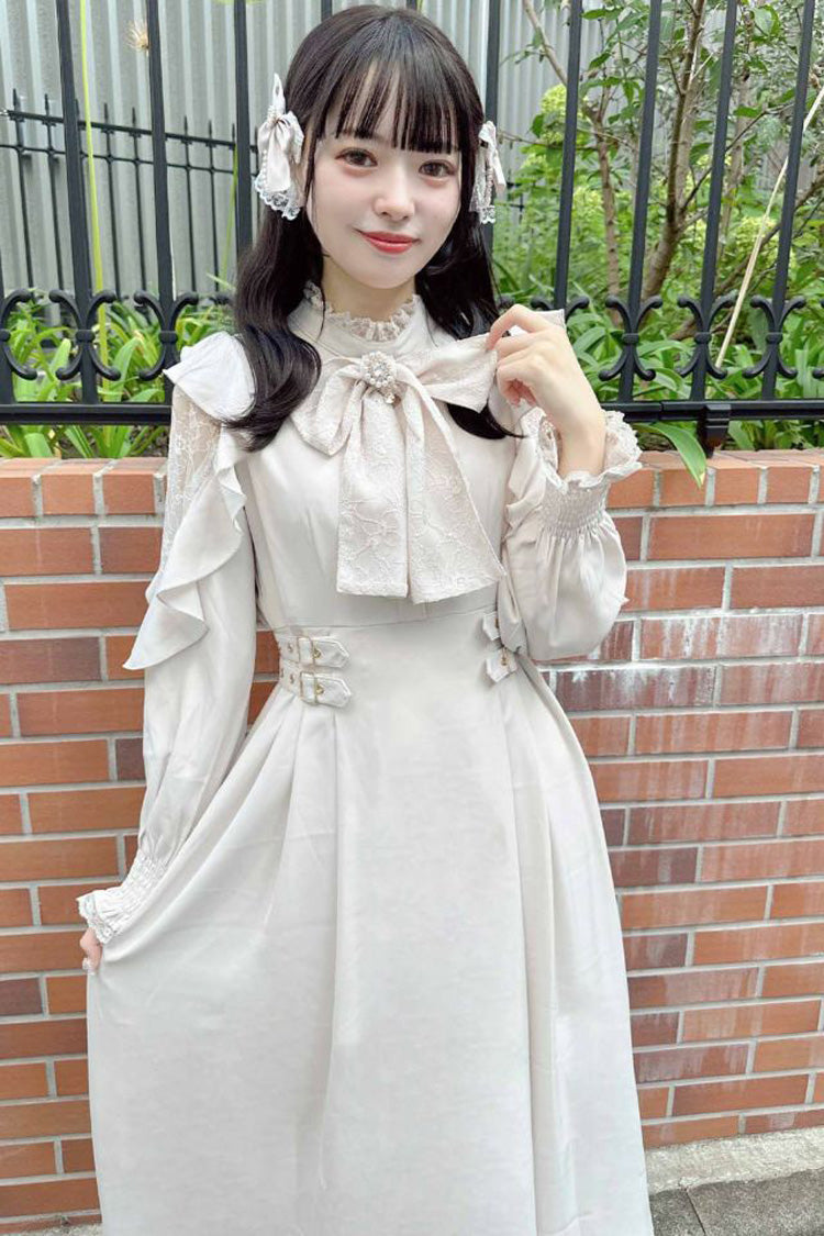 Weißes, schulterfreies, langärmliges, schulterfreies Jirai Kei-Kleid mit hohler Schleife