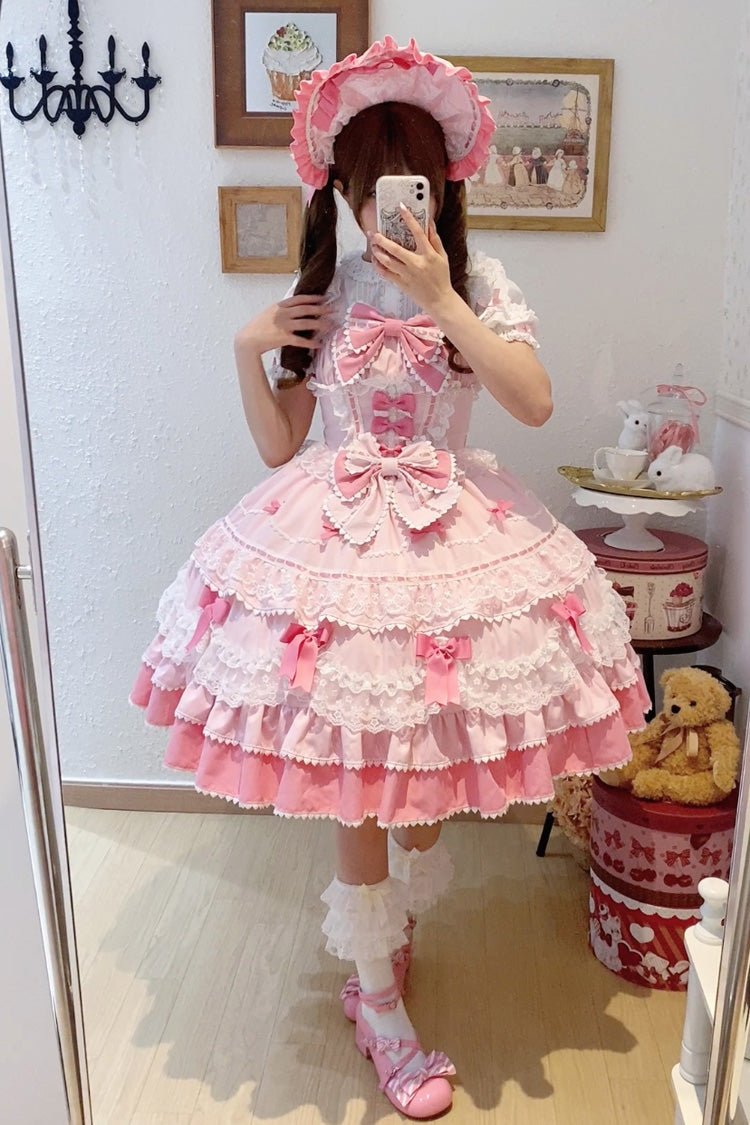 Pink [Fondant Cake] Sleeveless Multi-Layered Ruffle Bowknot Lace Sweet Lolita Jsk Dress