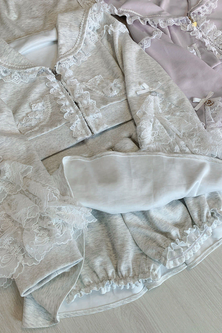 Grey [Heartbeat Rhythm] Long Sleeves Ruffle Lace Hooded Jirai Kei Japanese Skirt Set