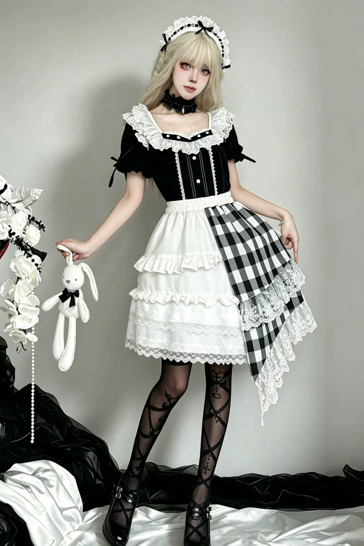 Schwarz/weißes, kurzärmliges, kariertes, bedrucktes, spitzes, unregelmäßiges, asymmetrisches Gothic-Lolita-Rock-Set