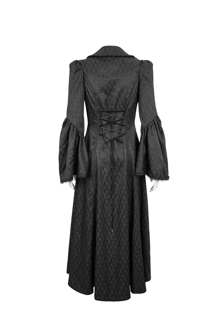 Black Jacquard Short Front Long Back Lapel Bead And Chain Trim Large Cuffs With Lace Trim Back Strap Thin Long Women's Gothic Coat