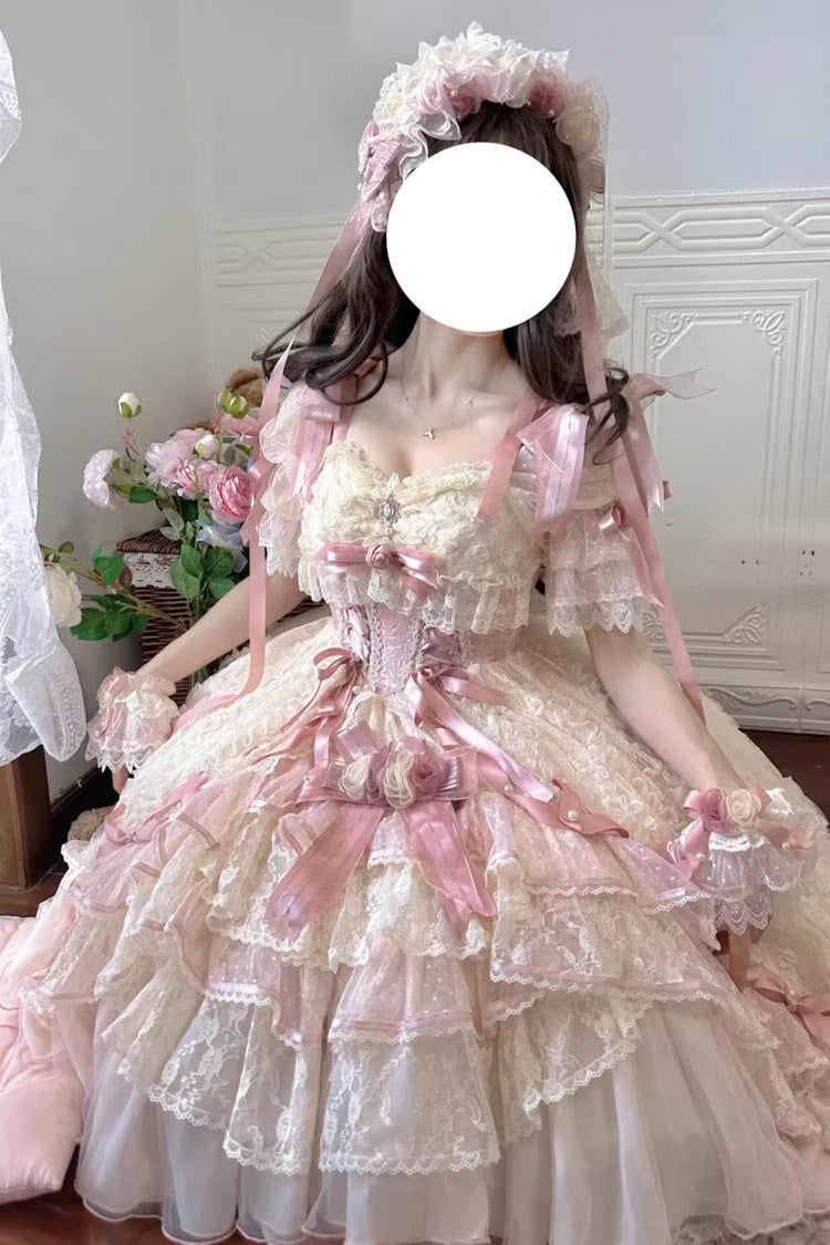 Pink [Diane Rose] Short Sleeves Multi-Layered Jacquard Ruffle Hanayome Cardigan Bowknot Lace Sweet Lolita Dress