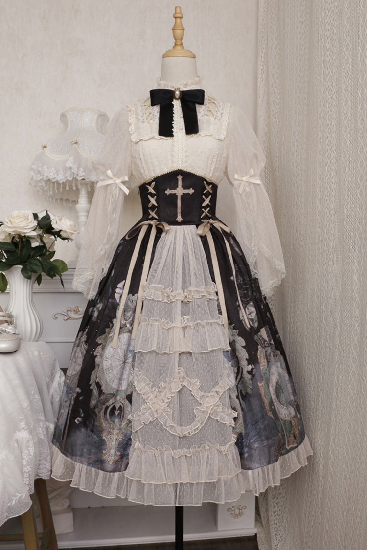 Multi-Color Cardigan Lace Ruffle Clock Butterfly Print Classic Lolita Skirt Set