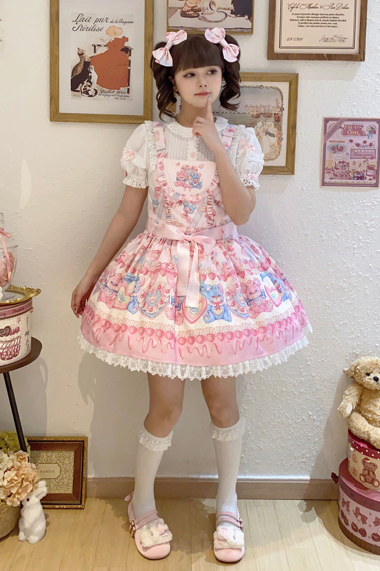 Milky Berry Bear Print Pink Bowknot Stitching Lace Sweet Lolita Strap Dress