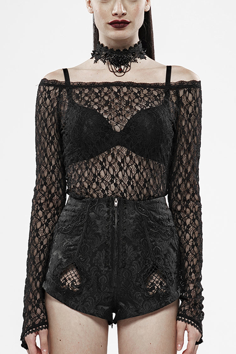 Schwarzes langärmliges Ein-Wort-Kragen-transparentes Spitzen-Gothic-T-Shirt für Damen
