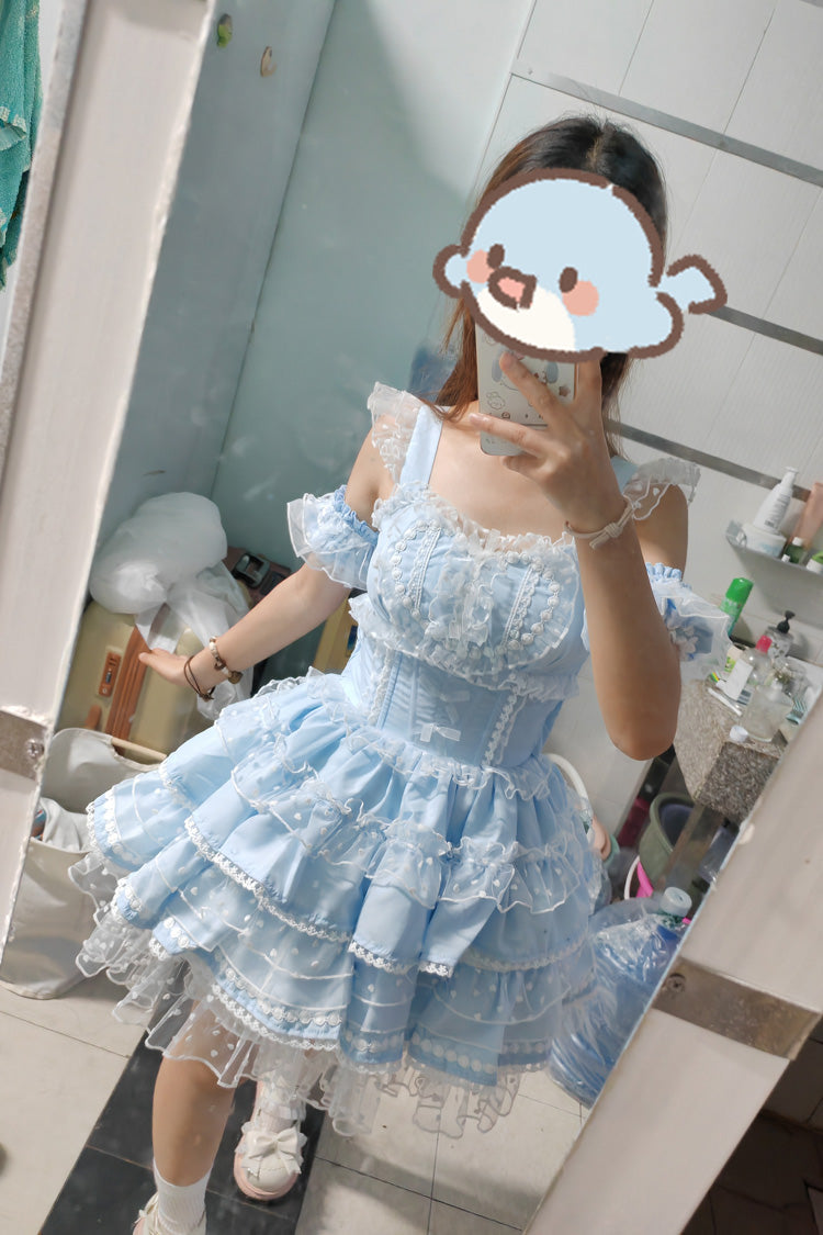 Blue Pray for Dopamine Multi-layer Ruffle Lace Sweet Lolita Jsk Dress