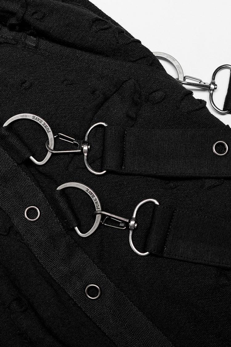 Black Ripped Men's Punk Sagging Pants with Straps