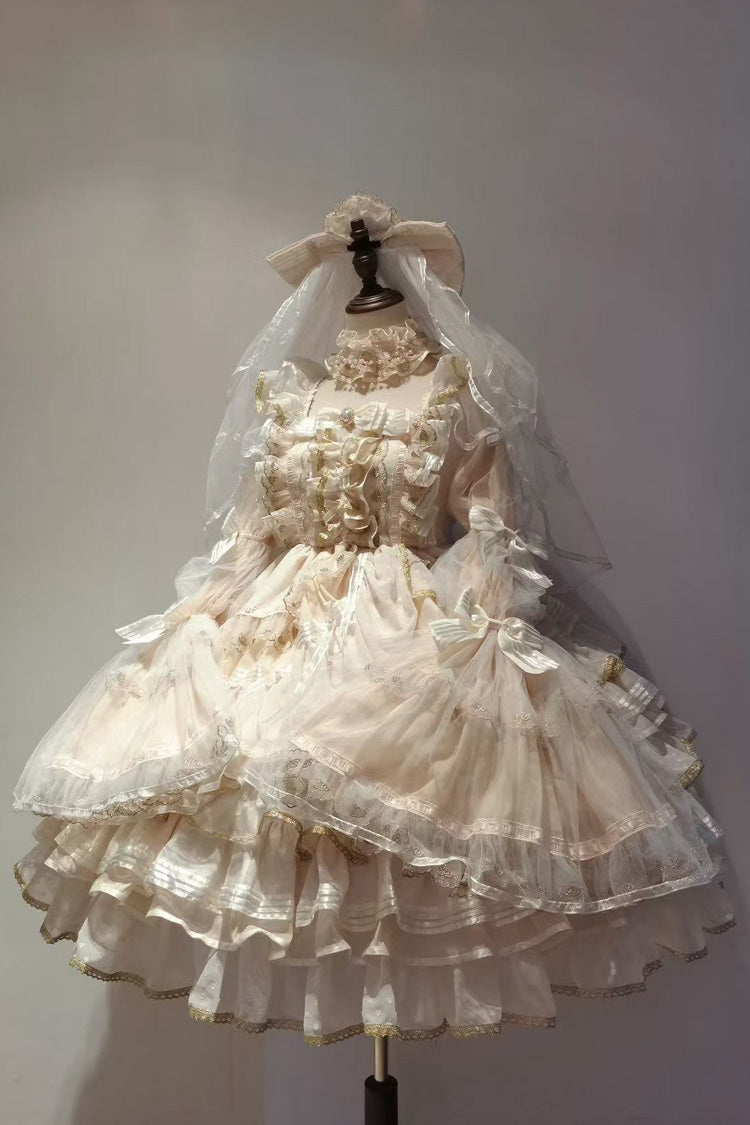 Aprikose [Krönung] Lange Trompetenärmel Mehrlagiges Rüschen Schleifen Spitze Süßes Wunderschönes Lolita-Kleid-Set 