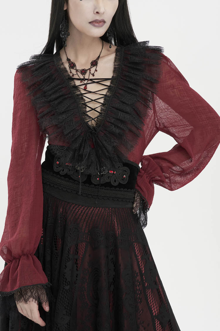 Red Thin Waist Plaid Stitching Layered Lace Long Sleeves Women's Gothic Shirt
