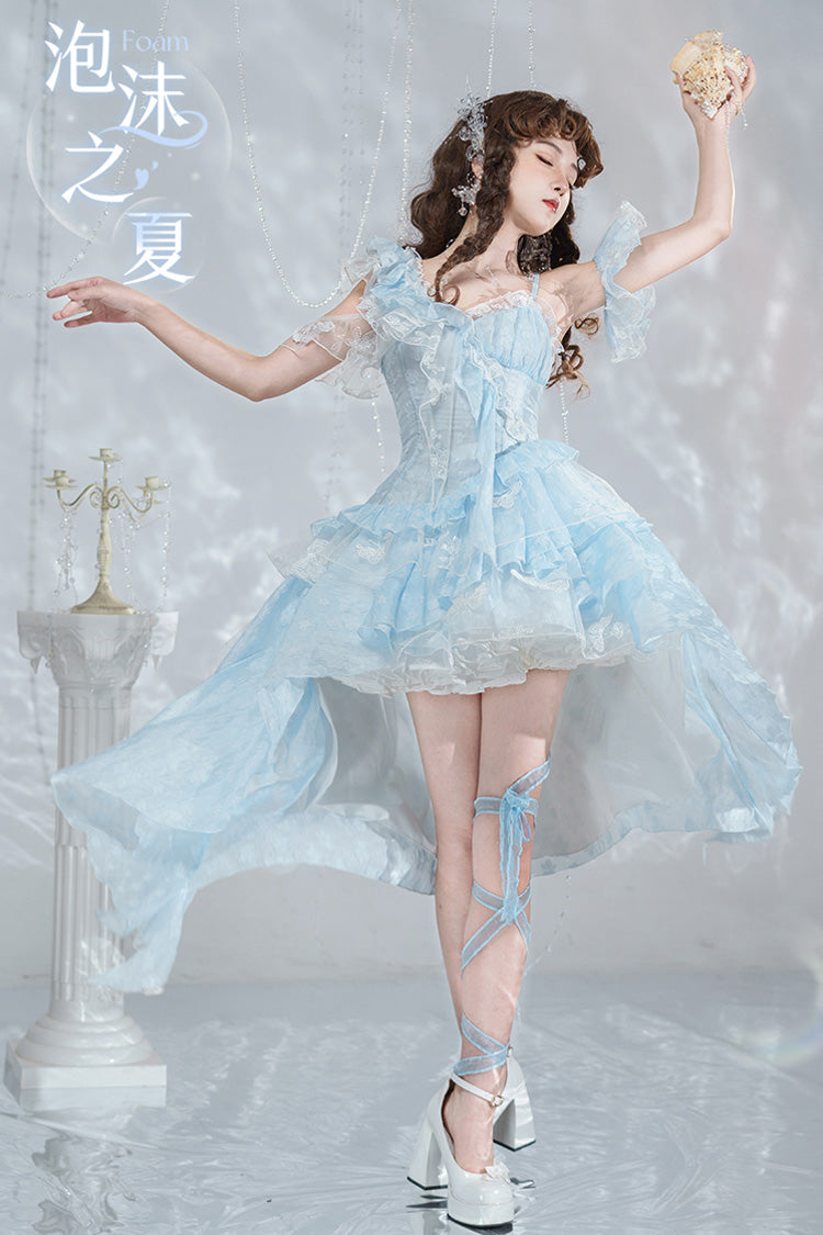 Blue [Summer of Bubbles] Sleeveless Ruffle Embroidery Lace Irregular Train Sweet Lolita Jsk Dress