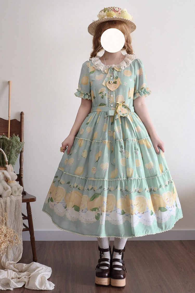 Green [Lemon Chicken] Short Sleeves Print Ruffle Bowknot Lace Daily Sweet Lolita Dress