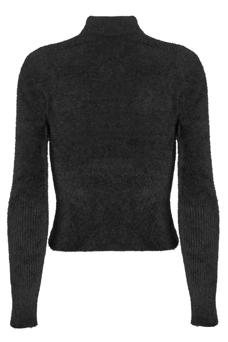 Schwarzes, eng gestricktes, langärmliges Punk-Oberteil für Damen mit hohlgeschnitztem Design und Metallkreuzdekoration