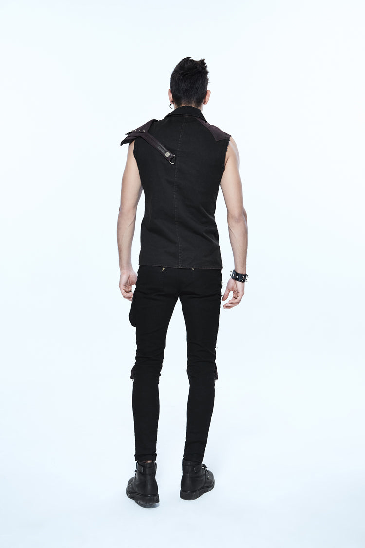 Black Twill Brown One Shoulder Armor Heat Seal Hasp Sleeveless Men's Punk Shirt