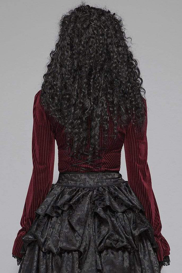 Gestreifte Samt-Metall-Retro-Knopf-Spitze-Manschette hinten Taille Schnürung Damen Gothic Bluse