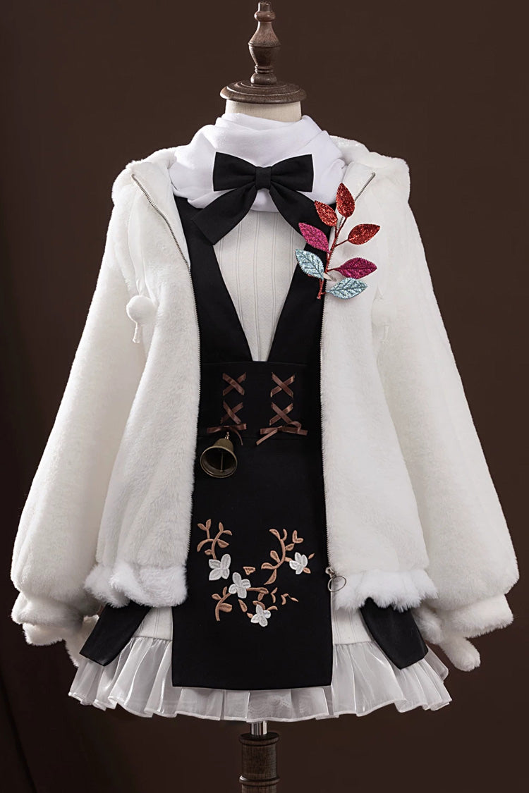 Schwarz/Weiß [Arknights] Süßes Lolita-Kleid-Mantel-Set mit langen Ärmeln und bestickter Schnürung und Hasenohren und Kapuze
