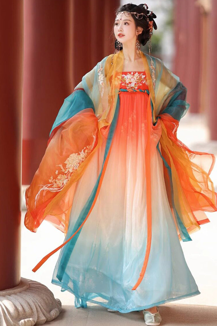 [Koi-Schwimmen] Langärmliges, hoch tailliertes, mit Ombre-Print besticktes, chinesisch inspiriertes, elegantes Hanfu-Set für Damen