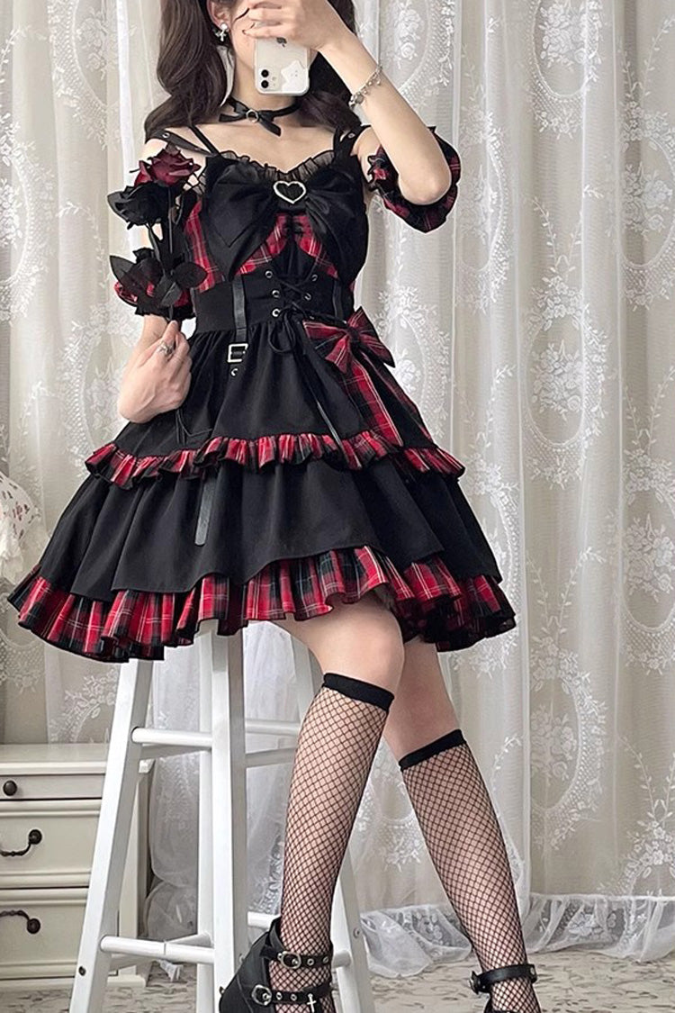 Black/Red Plaid Print Color Contrast Leather Buckle Bowknot Ruffle Gothic Lolita JSK Dress
