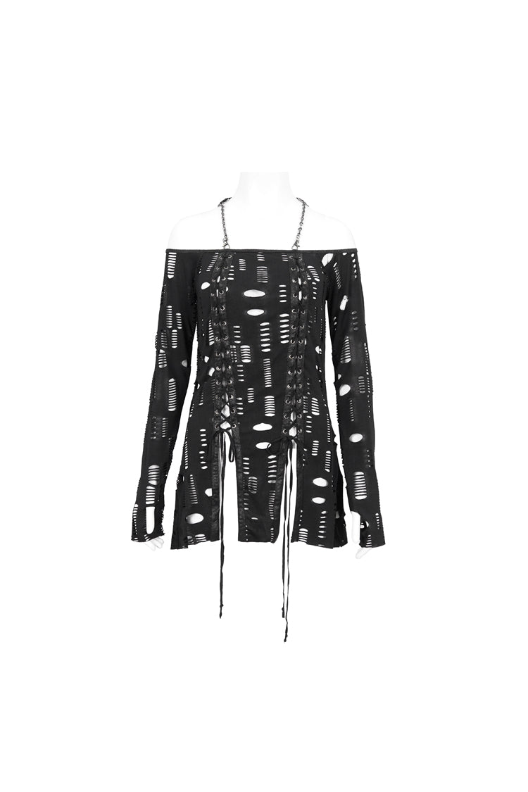 Black Elastic Ripped One Shoulder Rope Style Halter Neck Long Sleeves Women's Gothic T-Shirt