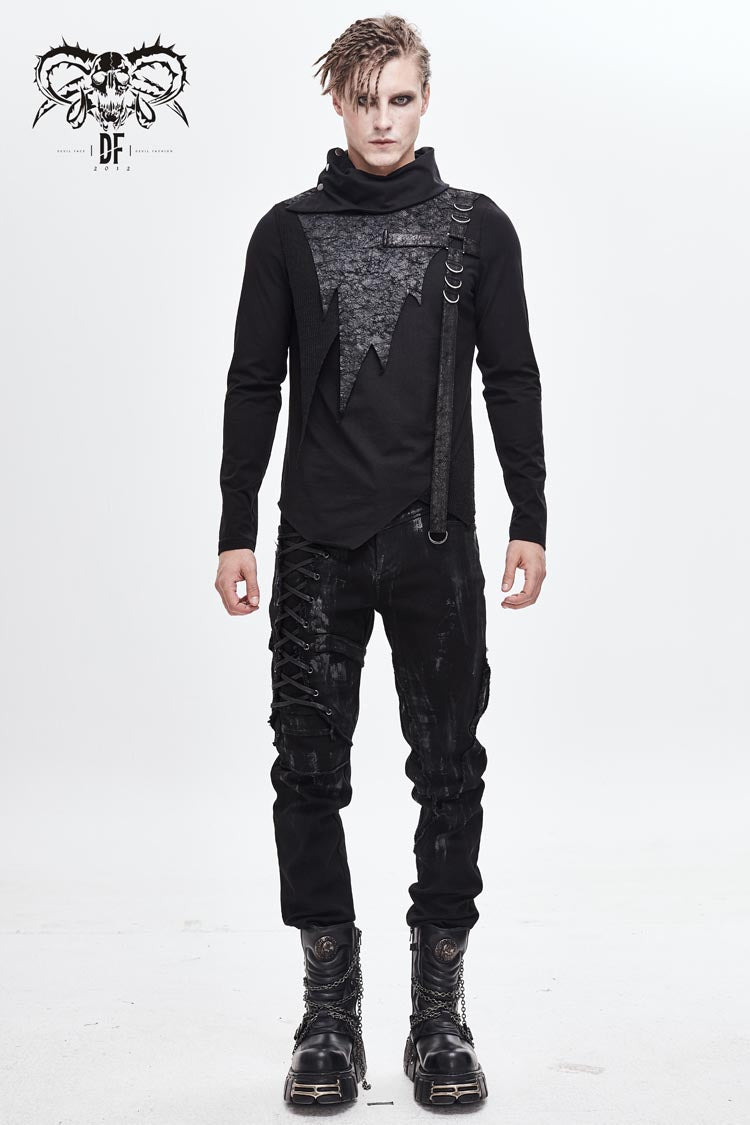 Black Worn Out Cross Shaped Hasp High Collar Asymmetric Hem Men's Punk T-Shirt