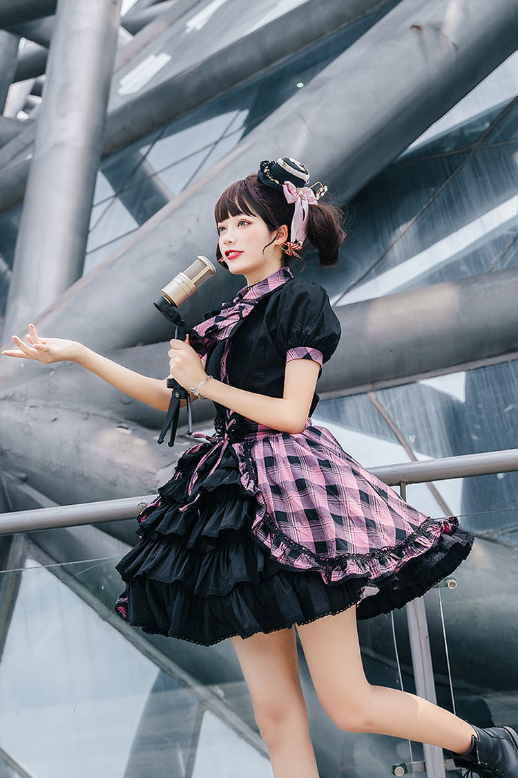 Black/Purple Short Sleeves Multi-Layered Print Ruffle Cardigan Bowknot Asymmetric Sweet Lolita Skirt Set