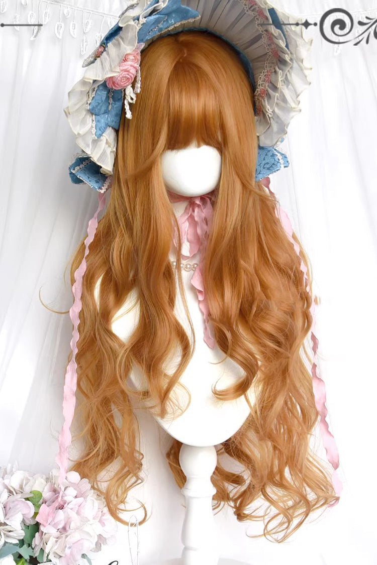 明るいゴールデンブラウンの油絵風ヴィンテージエレガントロリータロングカールウィッグ