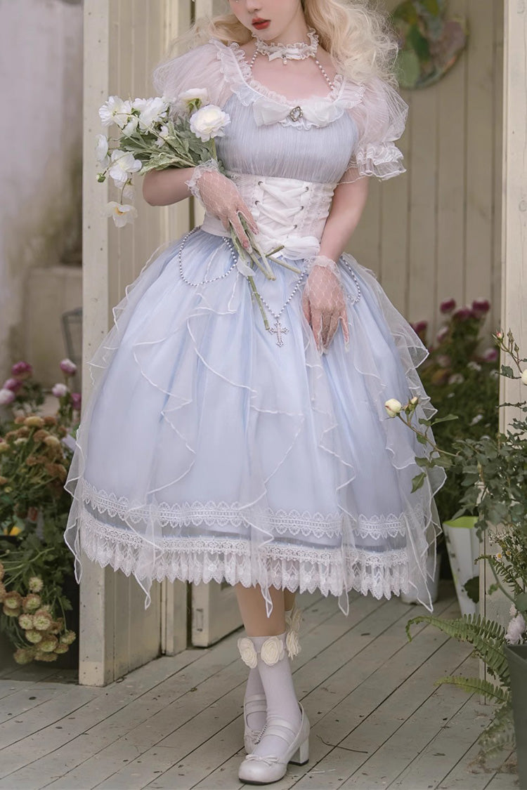 Blue Round Collar Mermaid Tears Short Sleeves Bowknot Sweet Princess Lolita Dress