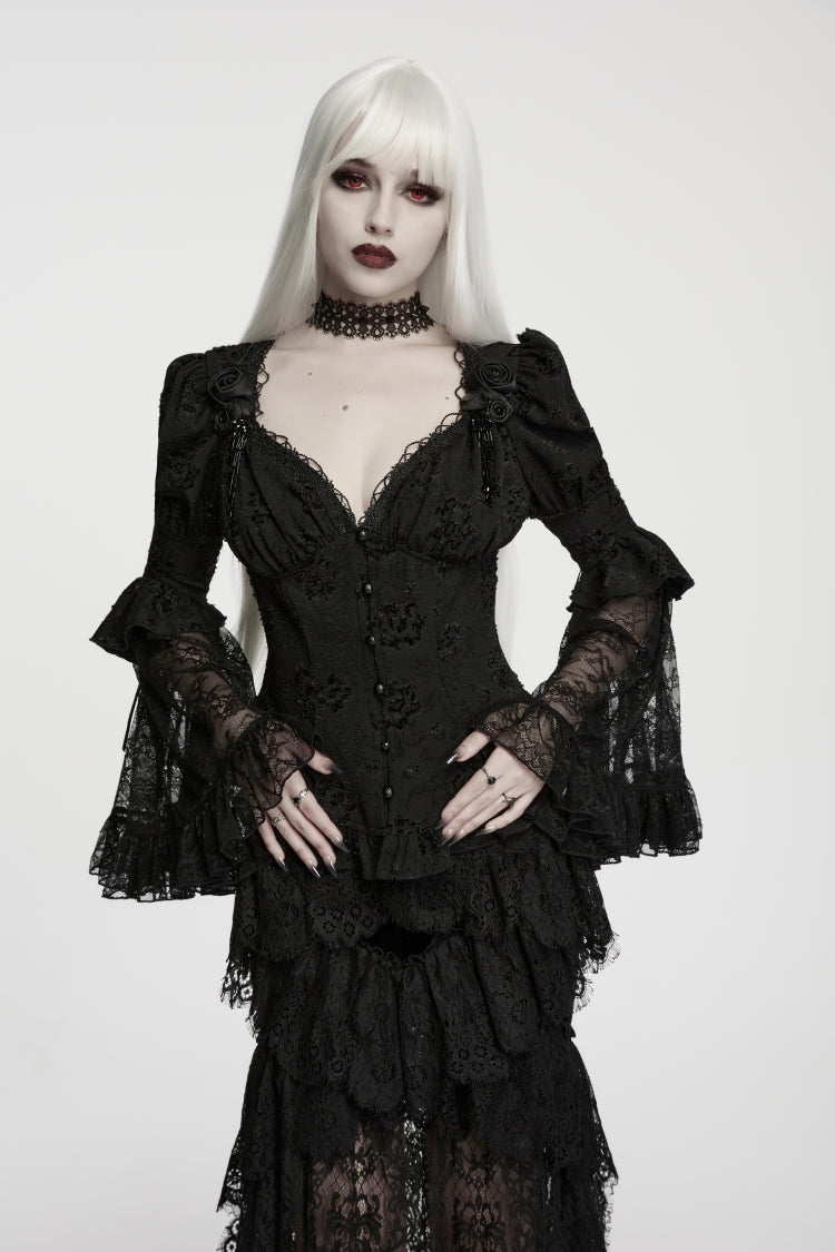 Black V Collar Long Trumpet Sleeves Jacquard Embroidered Lace Lace-Up Slim Fit Faux Two-Piece Women's Gothic Luxurious Royal Blouse