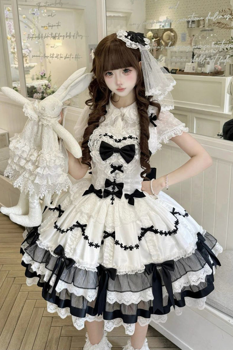 Schwarz/Weiß [Scarlet Heart Cocoa] Ärmelloses Dreilagiges Rüschenstickerei Schleifenband Spitze Süßes Lolita Jsk Kleid 