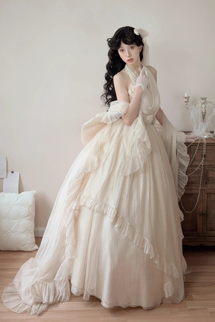 Ensemble de robe longue en dentelle à volants sans manches à col licou abricot avec nœud papillon douce princesse Lolita Jsk 